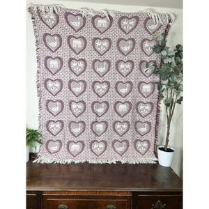Vintage Cotton Throw Tapestry Blanket Goose Hearts House Pink White Cottagecore